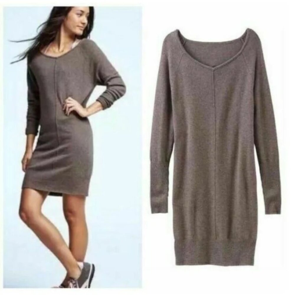 S Athleta CASHMERE Sweater Dress Adi Mudra Gray Heather Open Neck Cuddly